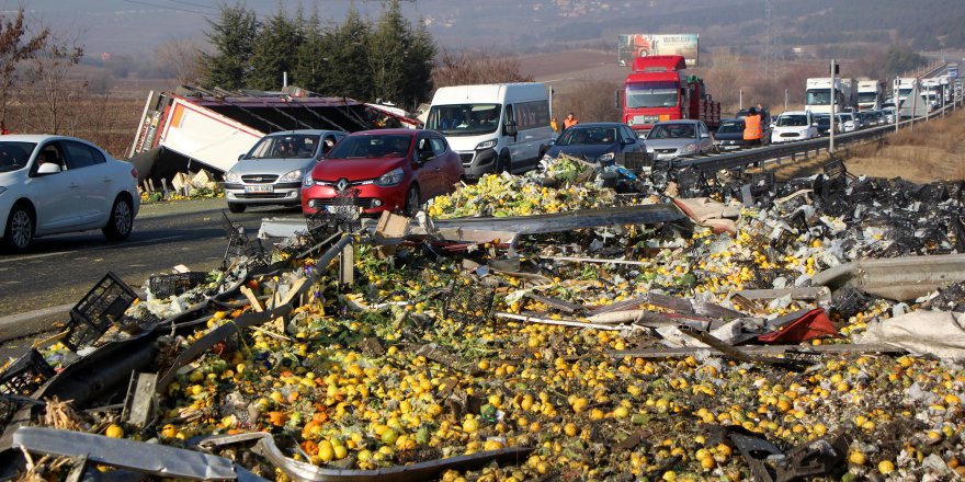 DEVRİLEN TIR'DAKİ SEBZE VE MEYVELER YOLA SAÇILDI