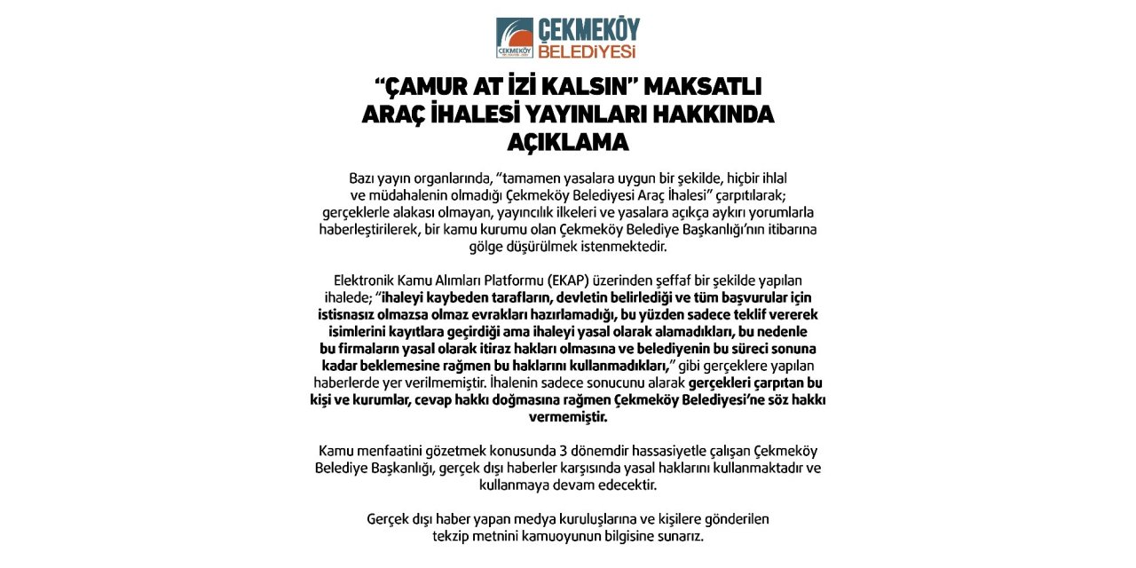 Çekmeköy Belediyesinden Araç İhalesi Yayınları Hakkında Açıklama