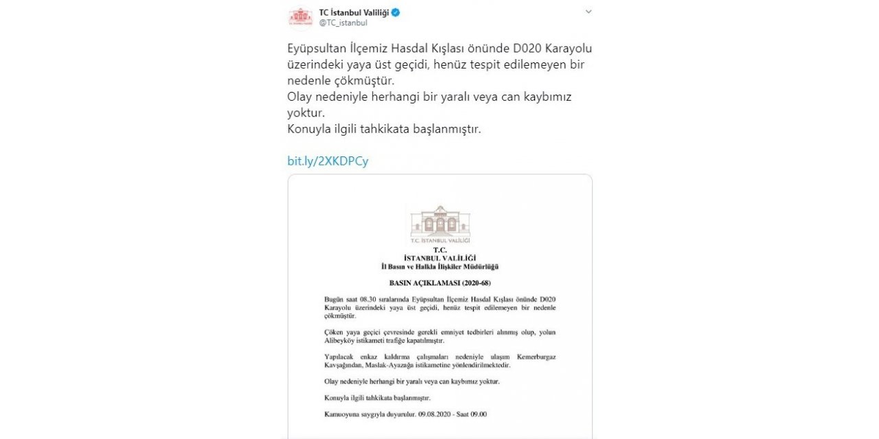 İstanbul Valiliğinden Çöken Üst Geçide İlişkin Açıklama