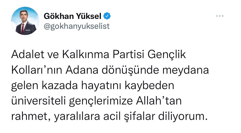 Kartal Belediye Başkanı Gökhan Yüksel’den taziye mesajı