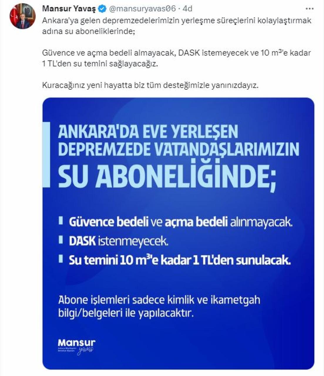 MANSUR YAVAŞ AÇIKLADI: BAŞKENTTE EVE YERLEŞEN DEPREMZEDE VATANDAŞLARA SU 10 METREKÜPE KADAR 1 TL OLACAK