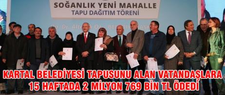 KARTAL BELEDİYESİ TAPUSUNU ALAN VATANDAŞLARA 15 HAFTADA 2 MİLYON 769 BİN TL ÖDEDİ