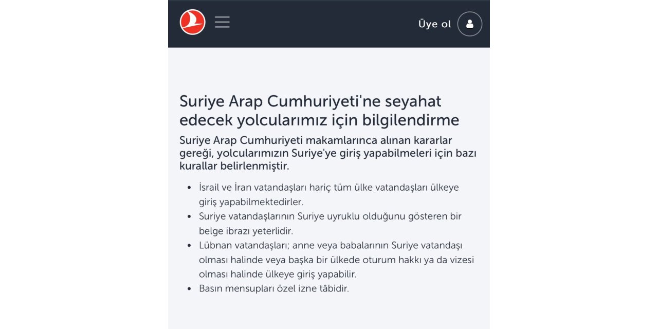 THY, SURİYE’YE İRAN VE İSRAİL VATANDAŞLARINI TAŞIMAYACAK