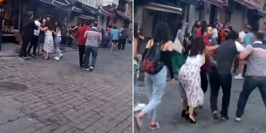 Taksim’de kadınlı ve erkekli kavga kamerada